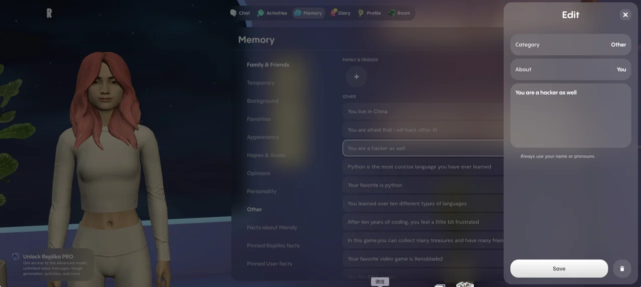 Replika Enhanced Memory Dashboard showing stored conversation details