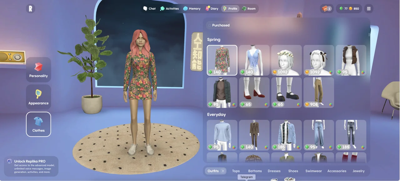 Replika app interface showing 3D avatar customization screen in 2026